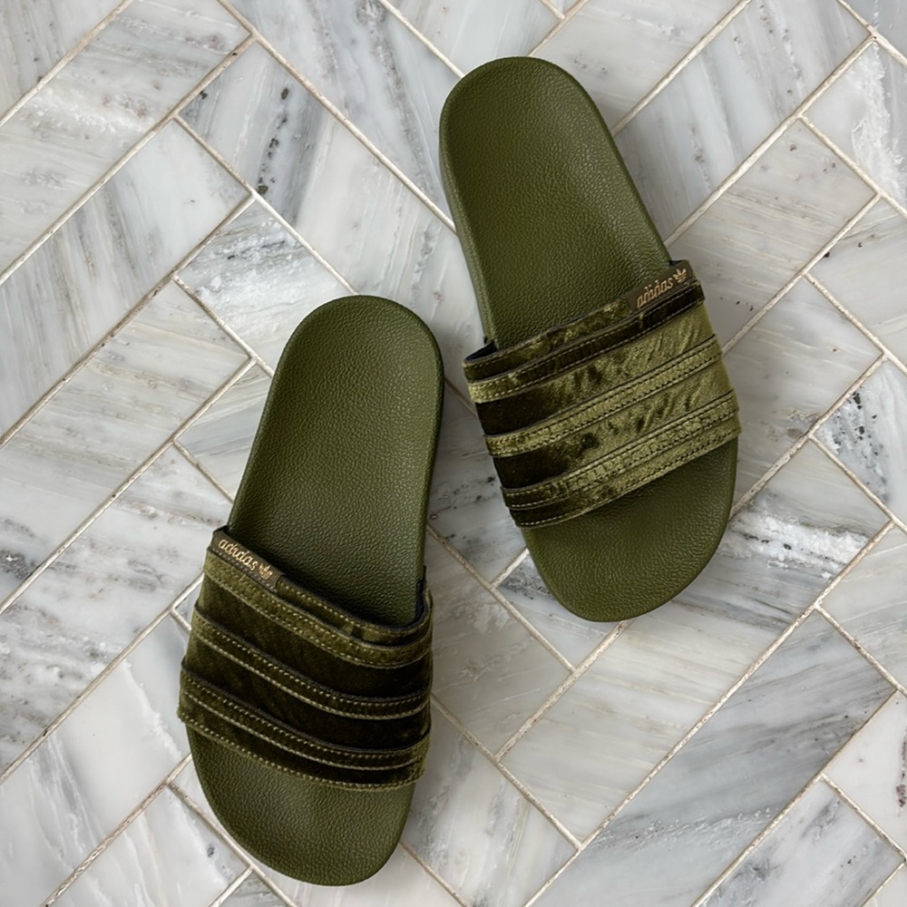 Rare Adidas Velvet Green Slides